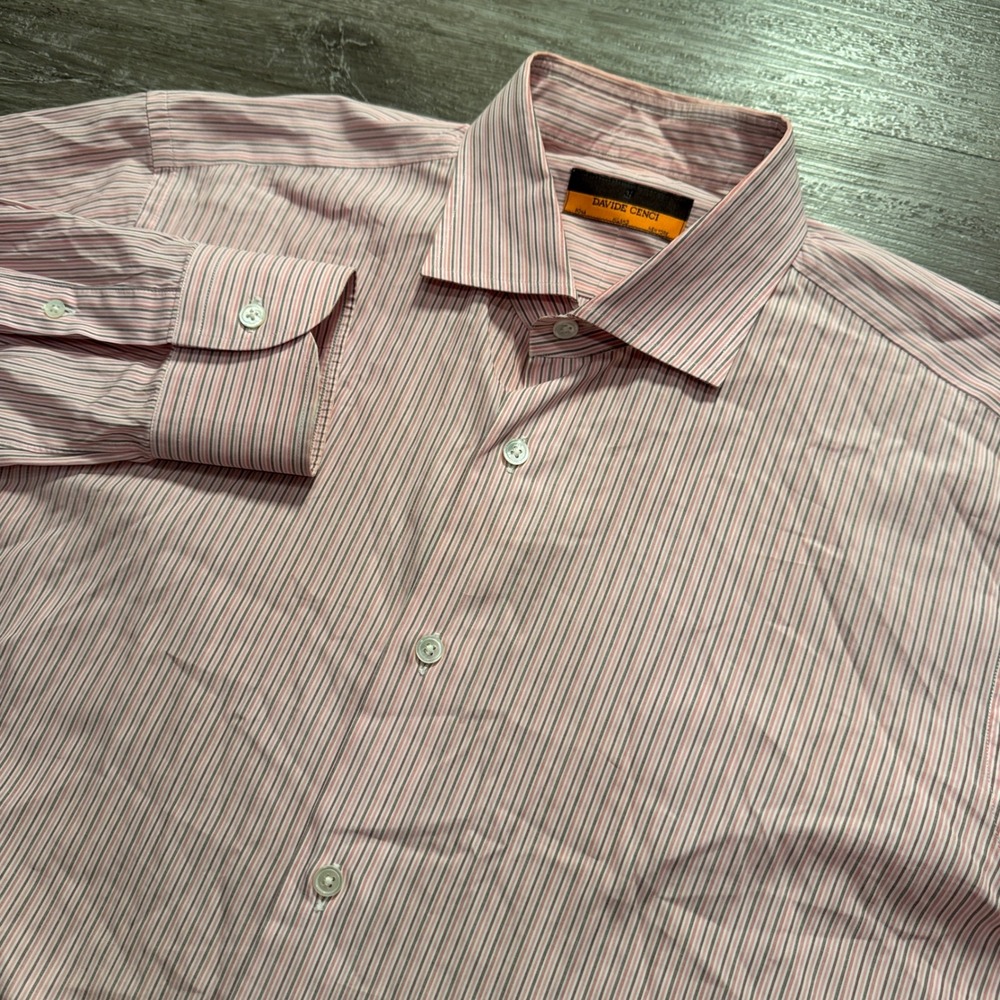 Davide Cenci Shirt Mens 16.5 Pink Cotton Striped Italian Luxury Business Preppy